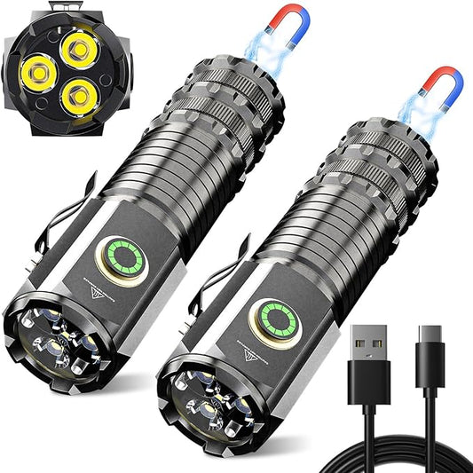 Wind&Moon Mini Flashlight Rechargeable,5000 Lumens Small Flashlights Powerful Pocket Flash Light with Clip,Magnetic EDC Flash-Light 5 Modes for Outdoor, Camping, Hiking, Emergency (2 Pack)