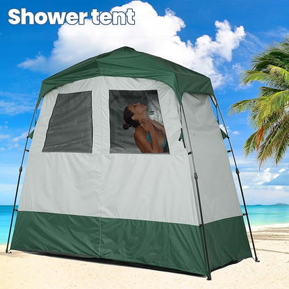 Camping Shower Tent Deluxe Changing Room Easy Set Up Privacy Shelter,Large Toilet Tent 2 Rooms with Floor Drain Design for Beach, Camping,Hiking with Stakes and Ropes for Stability