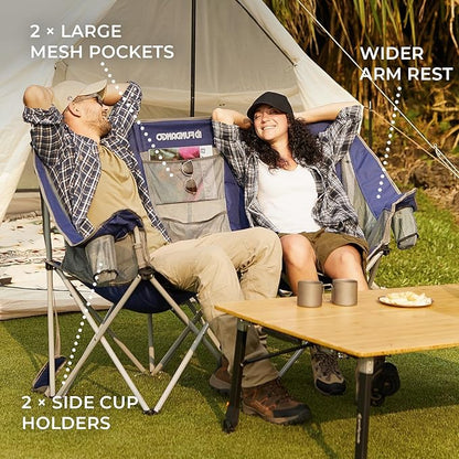 FUNDANGO Oversized Double Camping Chair, 2 Person Folding Padded Loveseat for Adults，660lbs Heavy Duty Chair with Arm Cup Holder for Outdoor Patio Lawn Camp with Carry Bag (Blue)