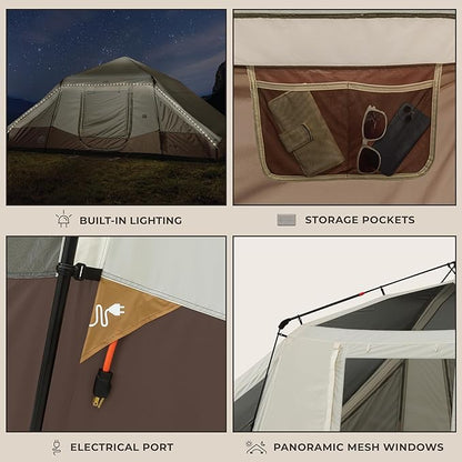 CORE Instant Cabin Tent with LED Lights | Large Family Lighted Pop Up Tent with Carry Bag for Camping, Glamping, and Backyard Adventures | Included Storage Pockets for Camp Accessories