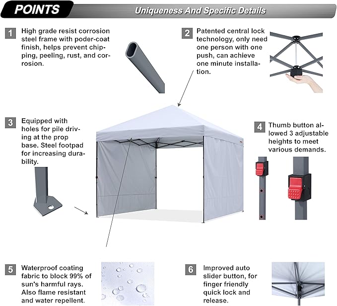 ABCCANOPY Easy Pop up Canopy Tent with 2 Sidewalls for Outdoor Sun Blocking or Rain Protection, 8x8, White
