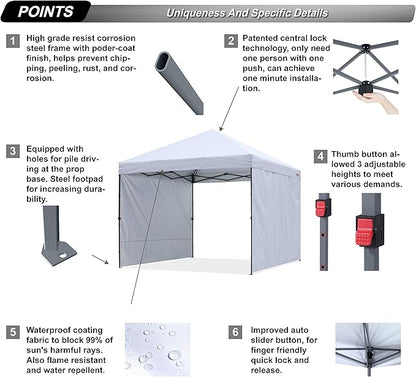 ABCCANOPY Easy Pop up Canopy Tent with 2 Sidewalls for Outdoor Sun Blocking or Rain Protection, 8x8, White
