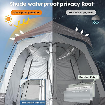 Camping Shower Tent Deluxe Changing Room Easy Set Up Privacy Shelter,Large Toilet Tent 2 Rooms with Floor Drain Design for Beach, Camping,Hiking with Stakes and Ropes for Stability
