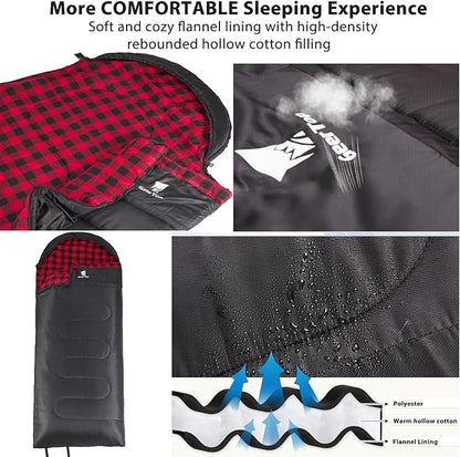 GEERTOP Flannel Sleeping Bags for Adults Big & Tall People Portable Cold Weather Envelope XXL All Seasons Camping Sleeping Bag