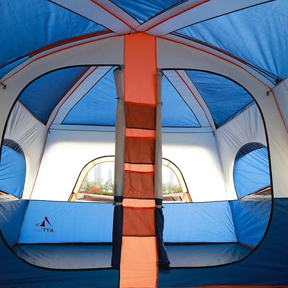 KTT Extra Large Tent 10-12-14 Person(B),Family Cabin Tents,2 Rooms,3 Doors and 3 Windows with Mesh,Straight Wall,Waterproof,Double Layer,Big Tent for Outdoor,Picnic,Camping,Family Gathering