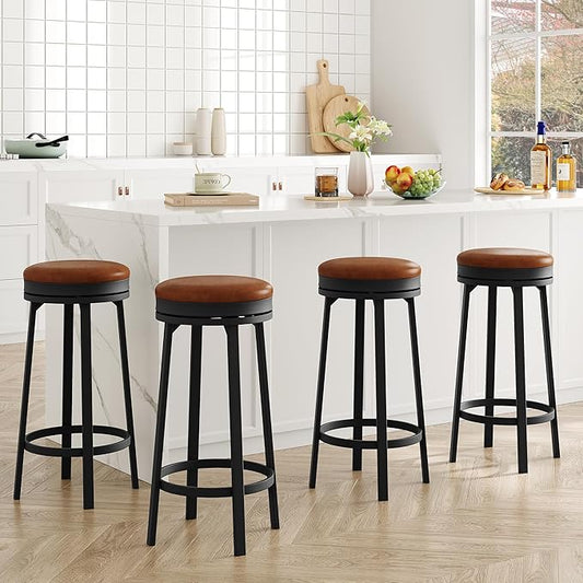 IDEALHOUSE 30'' Swivel Bar Stools Set of 4 with Footrest, Modern Counter Height Barstools with PU Leather Upholstered and Metal Frame, Backless Round Bar Stools for Kitchen Island, Brown