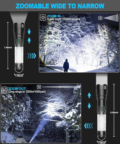 Flashlights High Lumens Rechargeable-100,000LM Super Bright Tactical LED Flashlight,Powerful USB C Flash Light with 360°COB light, Long Beam 3280Ft,7 Modes,Waterproof Handheld Flashlight for Emergency
