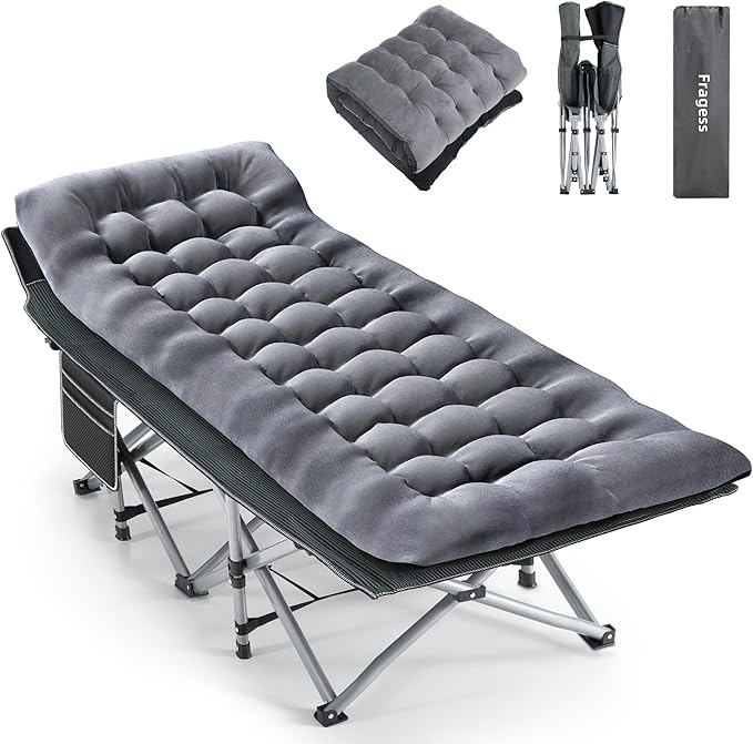 Camping Cot, Sleeping Cots for Adults, Portable Camping cots with Mattress, Pillow and Carry Bag, 1200D Double Layer Oxford, 600 LBS Weight Capacity Cots for Sleeping(Grey+Black)