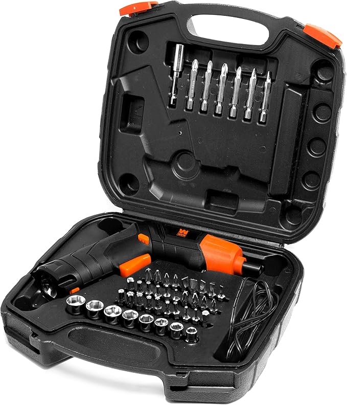 WEN 49140 4V Max Lithium Ion Rechargeable Cordless Electric Screwdriver and Flashlight with Carrying Case and 40+ Accessories