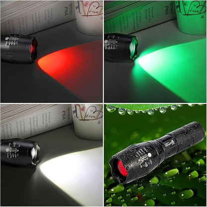 ULTRAFIRE 2 Pack A100 LED Hunting Flashlight,800 Lumen 3-Color-Light Tactical Flashlight 5 Modes Zoomable Small LED Hand held Flashlights (White Light/RED Light/Green Light)