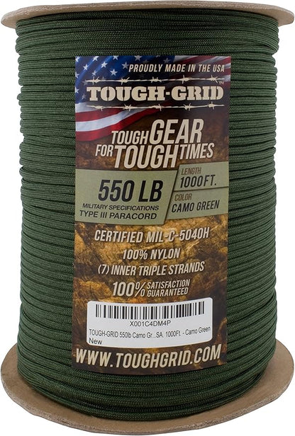 TOUGH-GRID Premium Camo Green Paracord 550 lbs Made in USA Outdoor Survival Nylon Rope Tactical Heavy Duty Strands Parachute Cord Used by US Military Type III Mil-Spec
