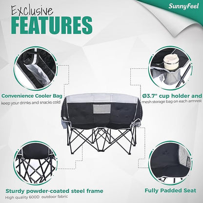 SunnyFeel Folding Double Camping Chair, Oversized Loveseat Chair, Heavy Duty Portable/Foldable Lawn Chair with Storage/Cooler for Outside/Outdoor/Travel/Picnic, Fold Up Camp Chairs for Adults 2 People