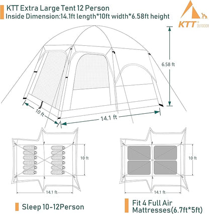 KTT Extra Large Tent 10-12-14 Person(A),Family Cabin Tents,2 Rooms,3 Doors and 3 Windows with Mesh,Straight Wall,Waterproof,Double Layer,Big Tent for Outdoor,Picnic,Camping,Family Gathering