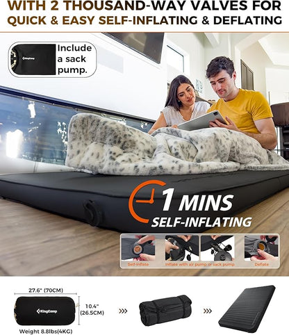 KingCamp Double Sleeping Pad, 2 Person Queen R 7.9 Self Inflating Sleeping Pad, 3" Ultra Thick Full Size Foam Mattress Mat with Pump Sack for Camping Outdoor Tent Car, PVC Free (Black)