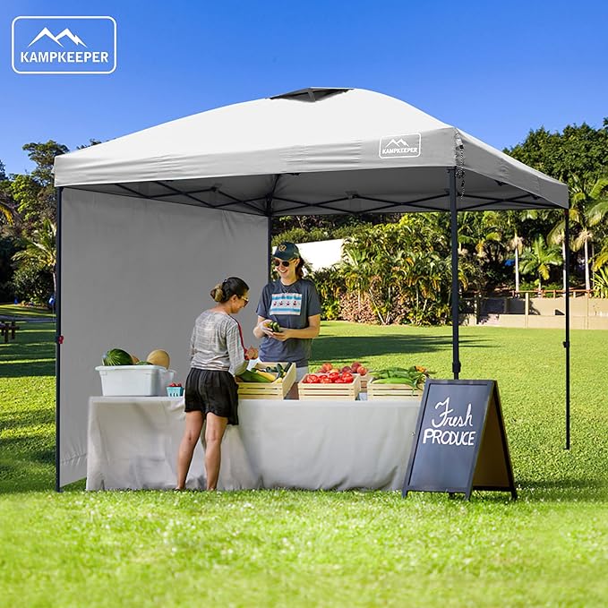 KAMPKEEPER 10x10 Pop Up Canopy Tent with 2 Sidewalls - Waterproof Outdoor Shelter for Sun Shade, Camping, Beach, Patio and Backyard Events, White