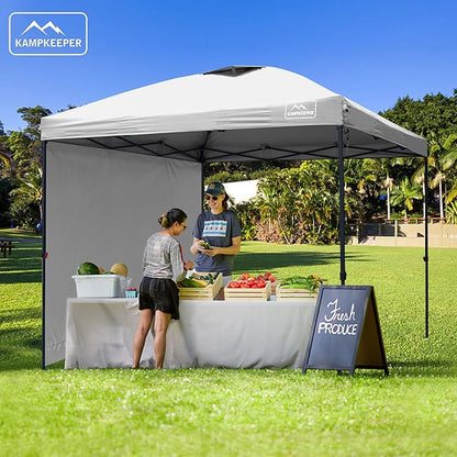 KAMPKEEPER 10x10 Pop Up Canopy Tent with 2 Sidewalls - Waterproof Outdoor Shelter for Sun Shade, Camping, Beach, Patio and Backyard Events, White
