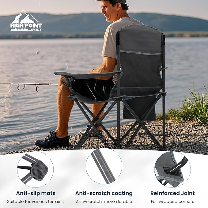 HIGH POINT SPORTS Portable Camping Chair, Heavy Duty Outdoor Folding Chair with Armrest, Foldable Camp Chair with Cup Holder for Camping, Support 350 LBS, Blue-Gray, 2 Pack