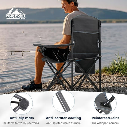 HIGH POINT SPORTS Portable Camping Chair, Heavy Duty Outdoor Folding Chair with Armrest, Foldable Camp Chair with Cup Holder for Camping, Support 350 LBS, Blue-Gray, 2 Pack