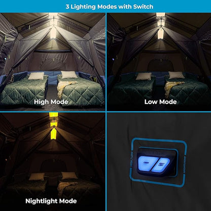 CORE Instant Cabin Tents with LED Lights | 6 Person / 9 Person / 12 Person Family Multi Room Lighted Pop Up Tents for Camping | Included Storage Pockets for Camping Accessories