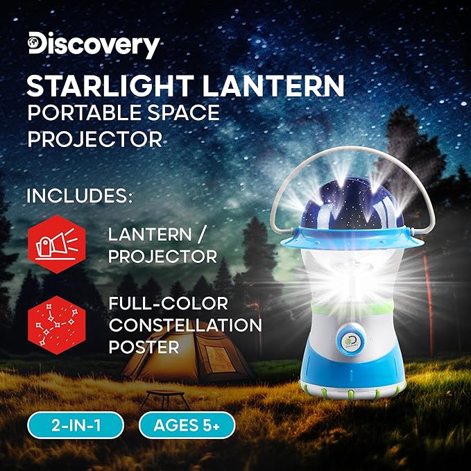 Discovery Kids LED Starlight Lantern [Amazon Exclusive] 2-in-1 Hanging Lantern & Star Constellation Projector with Guide, Easy to Use for Children, Battery Operated, Educational Camping Toy