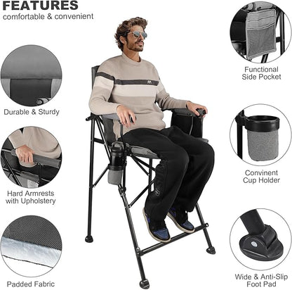 LANMONTAIN Extra Tall Directors Chair,Foldable w/Cup Holder,Side Mesh Pocket,Comfy Bar Height Camping Chairs for Adults,Heavy Duty Supports 350 Lbs,Hard Arm,Black&Grey