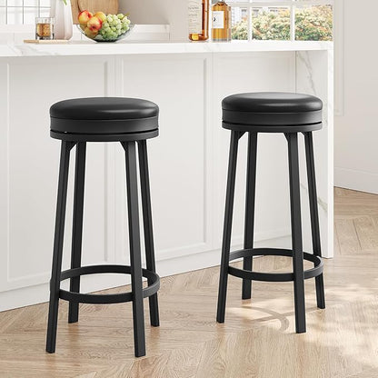 IDEALHOUSE 30'' Swivel Bar Stools Set of 2 with Footrest, Modern Counter Height Barstools with PU Leather Upholstered and Metal Frame, Backless Round Bar Stools for Kitchen Island, Black
