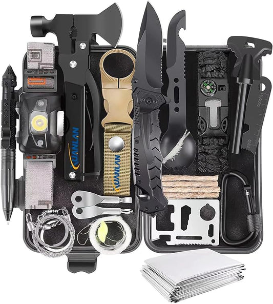 XUANLAN Emergency Survival Kit, Outdoor Survival Gear Tool with Survival Bracelet, Fire Starter, Whistle, Wood Cutter, Water Bottle Clip, Pen