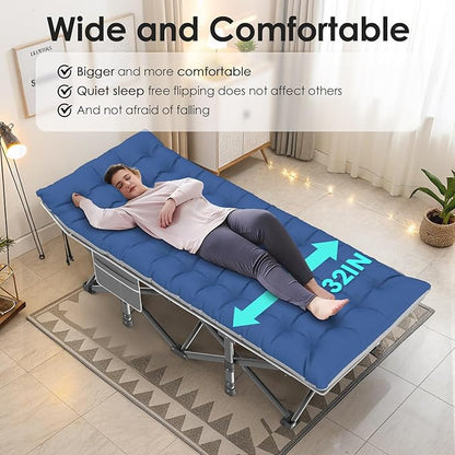 Suteck Camping Cot, 32In XXL Folding Camping Cot Heavy Duty Sleeping Bed for Adults 1200D Double Layer Oxford Cots for Camping W/Pilllow Mattress Carry Bag for Home Office Nap Beach Travel, 500LBS
