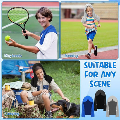 Hosuly 12 Pack Kids Mini Cooling Hoodie Towels Breathable Soft Absorbent Hooded Chilly Towel for Neck and Face Quick Drying UV Sun Protection Cooling Neck Wraps for Sport Workout Camping(Classic)