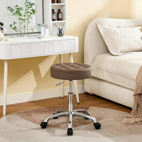 Rolling Stools with Wheels (300lbs Capacity) (Adjustable Height 20"-27") Brown Leather Manicure Guitar Lash Stool (Coffee Brown)