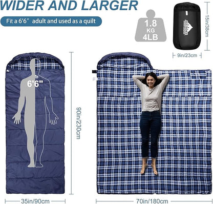 AGEMORE Cotton Flannel Sleeping Bag for Adults, Lightweight XXL Cotton Sleeping Bag for Camping Backpacking or Hiking, Water Resistant 3-4 Season Sleeping bag for Warm & Cool Weather