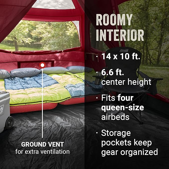Coleman Skylodge 10-Person Family Tent Weatherproof XL Tent with Rainfly & Room Divider Fits 4 Queen-Sized Airbeds Made of PFAS-Free Materials