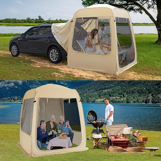 All Weather Camping Screen Tent/SUV Tent, Outdoor Pop Up Tent for Camping with Shelter Mesh & Waterproof PVC, Instant Tent Screen House Portable for Car SUV Van Camping
