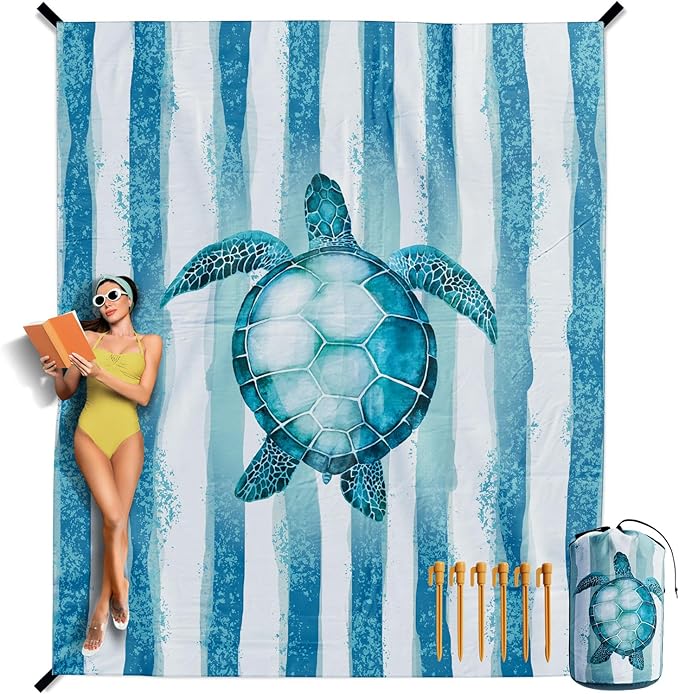 VENTURE 4TH Family-Size Beach Blanket: Sandproof, Waterproof, Lightweight & Compact. Includes Stakes and Carry Bag. 9x10 feet XXL Striped Turtle