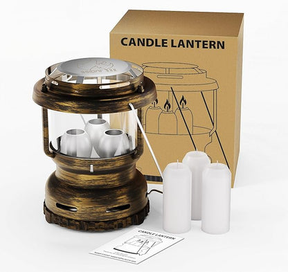 3-Wick Emergency Candle Lantern for Power Outages [18H+ Burning Time] Vintage Decorative Candle Lantern for Real Candles, Outdoor Portable Camping Survival Lighting [7.1"*5.7" - Vintage Brass]