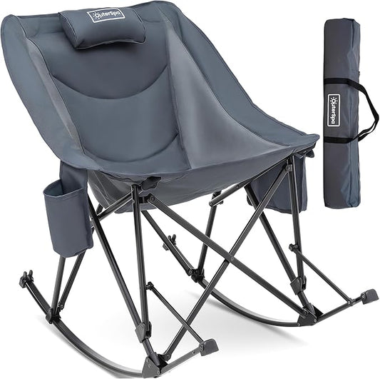Oversized Camping Chair for Adults, Lawn Chairs Outdoor Fold up, Rocking Camping Chairs with Pillow for Picnic, Heavy-Duty 600D Oxford Cloth with Cup Holder, 350 Pound Capacity, Grey.