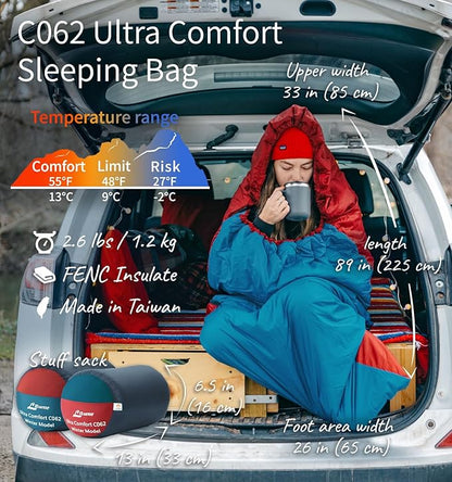 Litume Compact Velvet Lined Sleeping Bag, Lightweight Three Season Sleeping Bag, Water Repelling Sack for Warm and Cold Weather, Comfortable, Backpacking, Hiking, Camping, Traveling