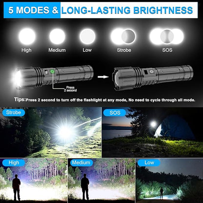 Rechargeable LED Flashlights High Lumens,100000 Lumens & 1500 Meters Super Bright Rechargeable Tactical Flashlight with 5 Modes,Waterproof,Powerful Handheld Flash Light for Camping