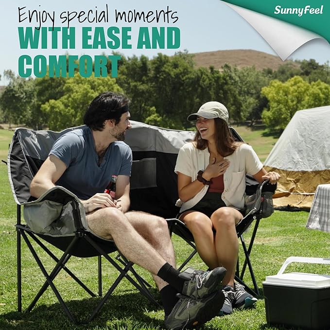 SunnyFeel Folding Double Camping Chair, Oversized Loveseat Chair, Heavy Duty Portable/Foldable Lawn Chair with Storage/Cooler for Outside/Outdoor/Travel/Picnic, Fold Up Camp Chairs for Adults 2 People