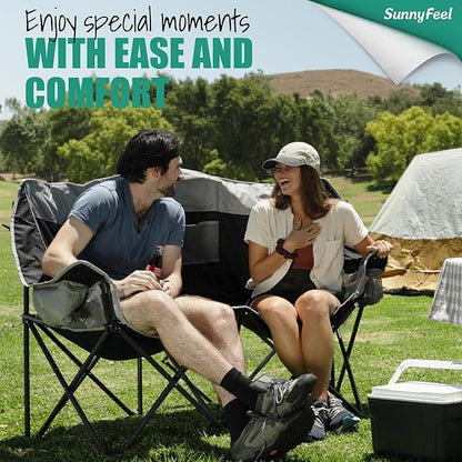 SunnyFeel Folding Double Camping Chair, Oversized Loveseat Chair, Heavy Duty Portable/Foldable Lawn Chair with Storage/Cooler for Outside/Outdoor/Travel/Picnic, Fold Up Camp Chairs for Adults 2 People