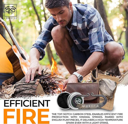 Carbon Steel Fire Striker, English Flint Stone & Char cloth Traditional Hand Forged Fire Starter, Leather Gift Kit with Emergency Tinder Jute Bag