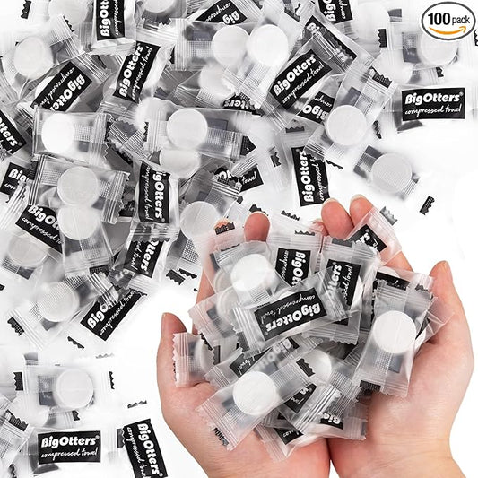 BigOtters 100PCS Compressed Towel, Disposable Compressed Towel Tablets, Bulk Coin Tissues, Portable Mini Compressed Camping Towels for Travel Home and Outdoor Activities