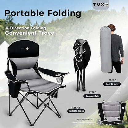 XMT Extra Wide Armrests Portable Folding Chair with Cup Holder Cooler Bag Heavy Duty 600D Oxford Fabric Supports 450lbs Compact Foldable Camping Chair for Outdoor Beach Picnic Sports