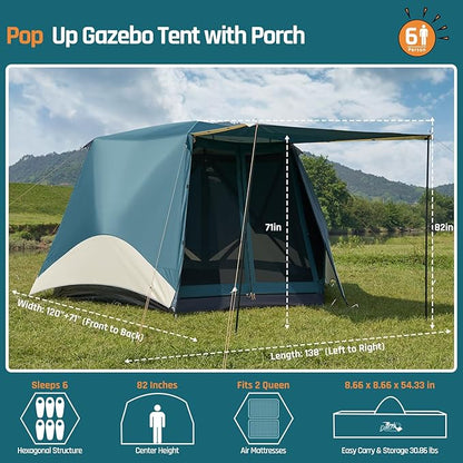 Instant Tents for Camping Pop Up Screen Tent with Floor, 6 Person Large Family Camping Tent with Rainfly and Porch, Easy 60S Setup Hub Tent for Outdoor Picnic Backyard, 11.5x10x6.83FT