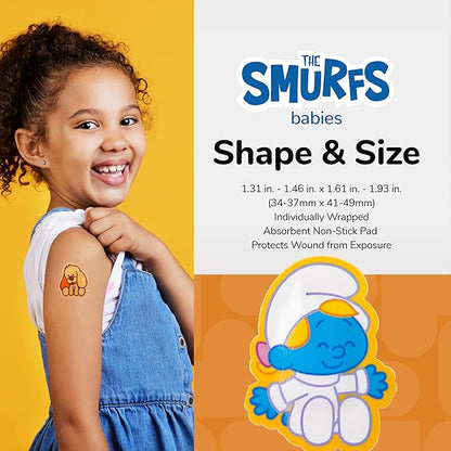 BioSwiss Bandages, The Smurfs Baby Smurf Shaped Self Adhesive Bandage, Latex Free Sterile Wound Care, Fun First Aid Kit Supplies for Kids and Adults, 24 Count Box