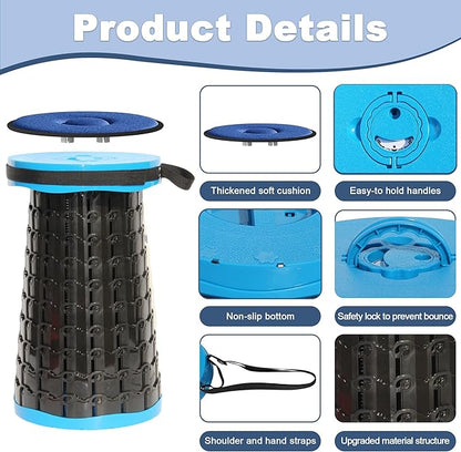ALEVMOOM 2025 Upgraded XXL 19.7" Collapsible Stool with Cushion, 1000lbs Max Weight Heavy Duty Portable Telescoping Stool, Retractable Seat Folding Chair for Camping Fishing Hiking(Blue-XXL)