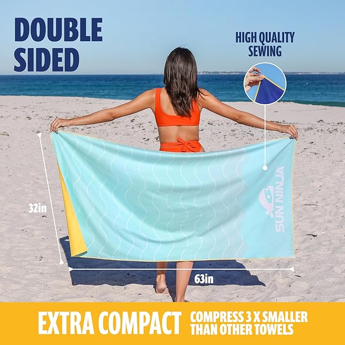SUN NINJA Microfiber Beach Towel - Sand Free, Quick Dry, Lightweight & Compact for Beach, Pool, Yoga and Camping - 63x32 inch Super Absorbent, Large Sand Free Swim Towels for Adults and Kids