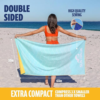 SUN NINJA Microfiber Beach Towel - Sand Free, Quick Dry, Lightweight & Compact for Beach, Pool, Yoga and Camping - 63x32 inch Super Absorbent, Large Sand Free Swim Towels for Adults and Kids