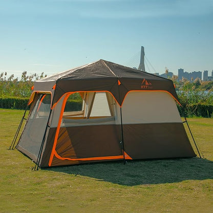 KTT Extra Large Tent 6-10-12-14 Person(Style-B),Family Cabin Tents,2 Rooms,3 Doors and 3 Windows with Mesh,Straight Wall,Waterproof,Double Layer,Big Tent for Outdoor,Picnic,Camping,Family Gathering