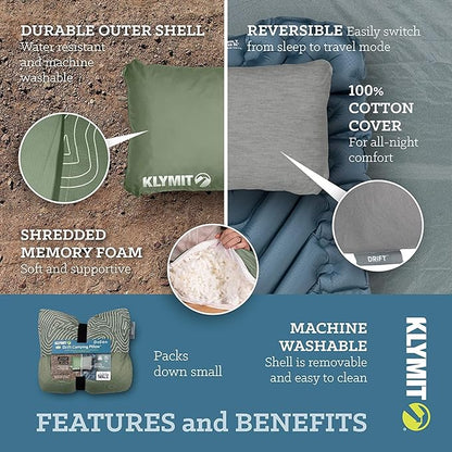 Klymit Drift Shredded Memory Foam Camping Pillow and Insulated Static V Inflatable Sleeping Pad Bundle for Outdoor Use